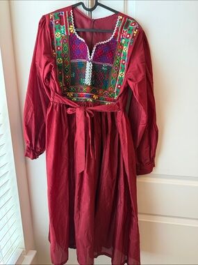 Embroidered Maroon Long-Sleeve Afghan Dress with Belt - festival/bohemian